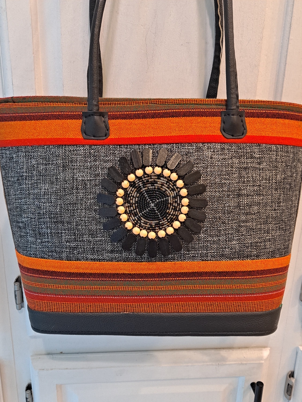Kenyan Artisan Grey Orange & Red Stripe Tote Decorative Beaded Medallion